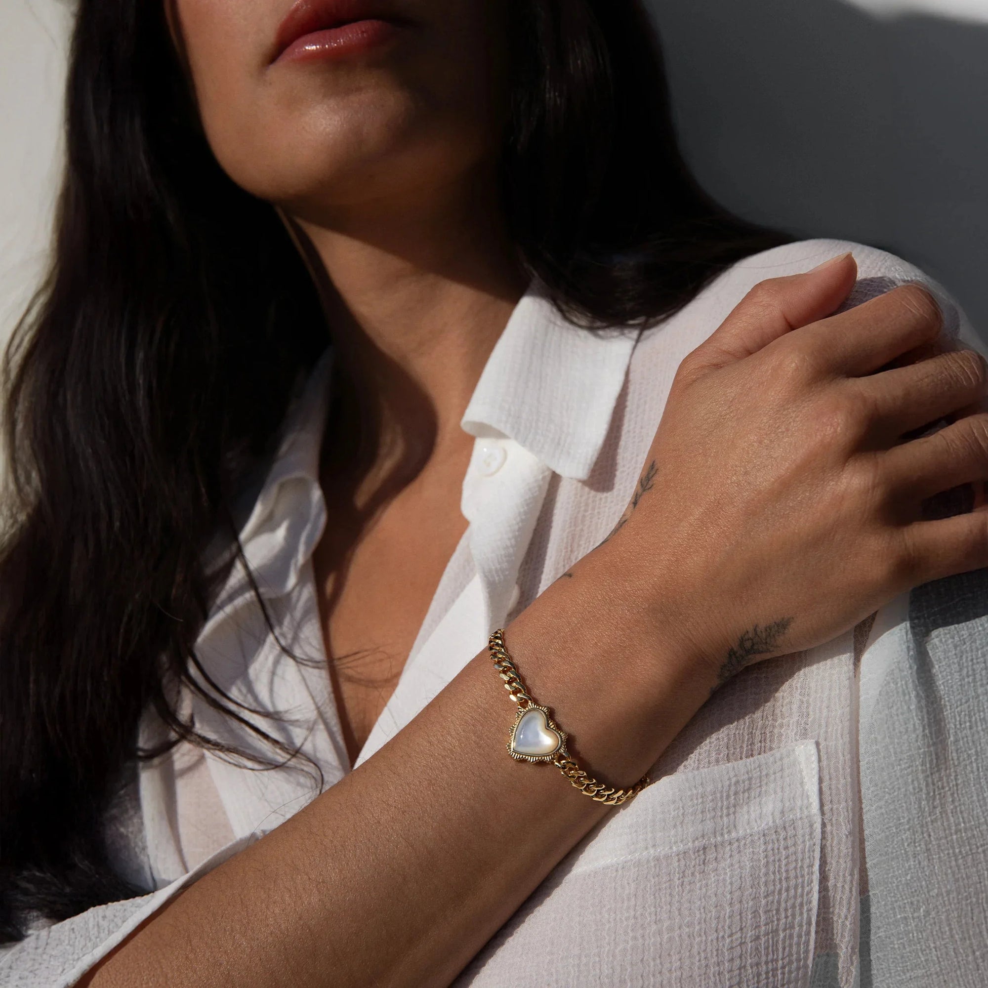 Mother of Pearl Heart Cuban Bracelet | Sterling Silver