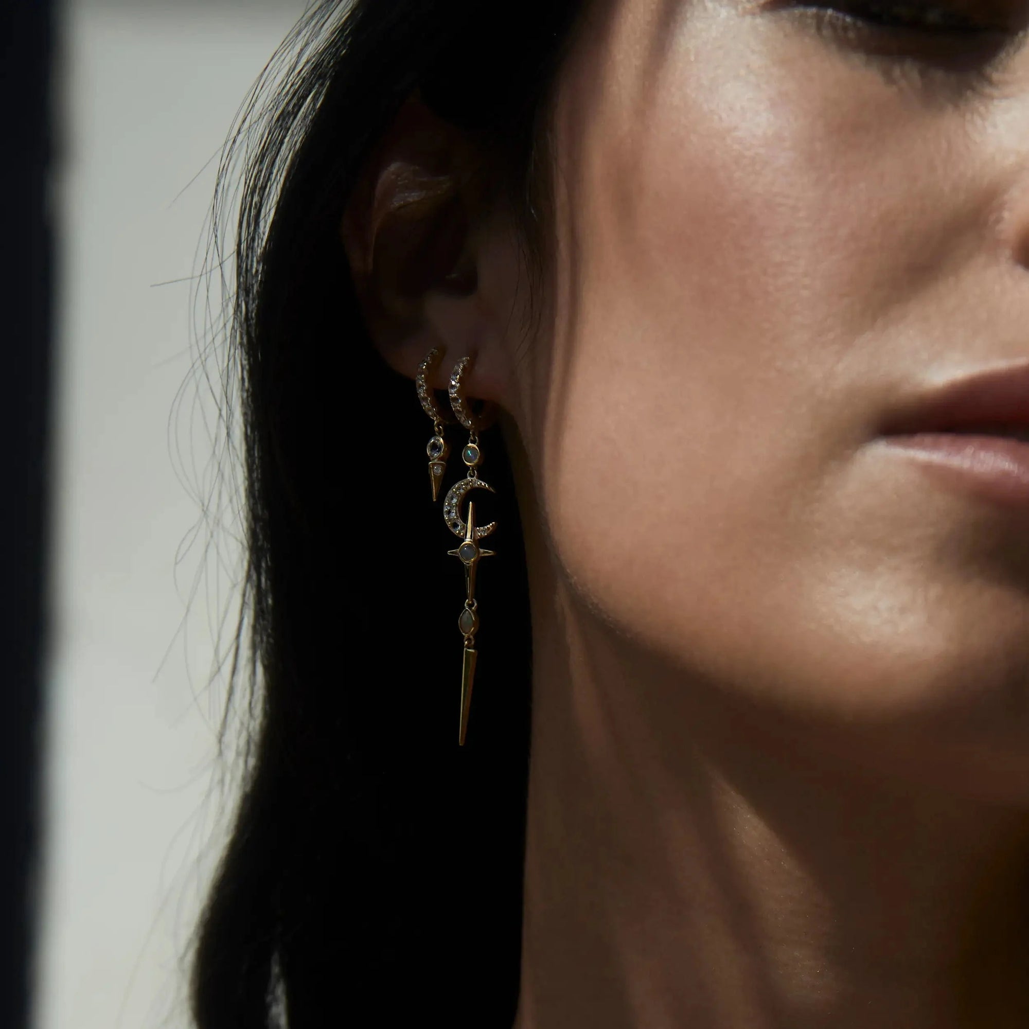 Opal Crescent Cross Drop Earring | 14K Yellow Gold Vermeil