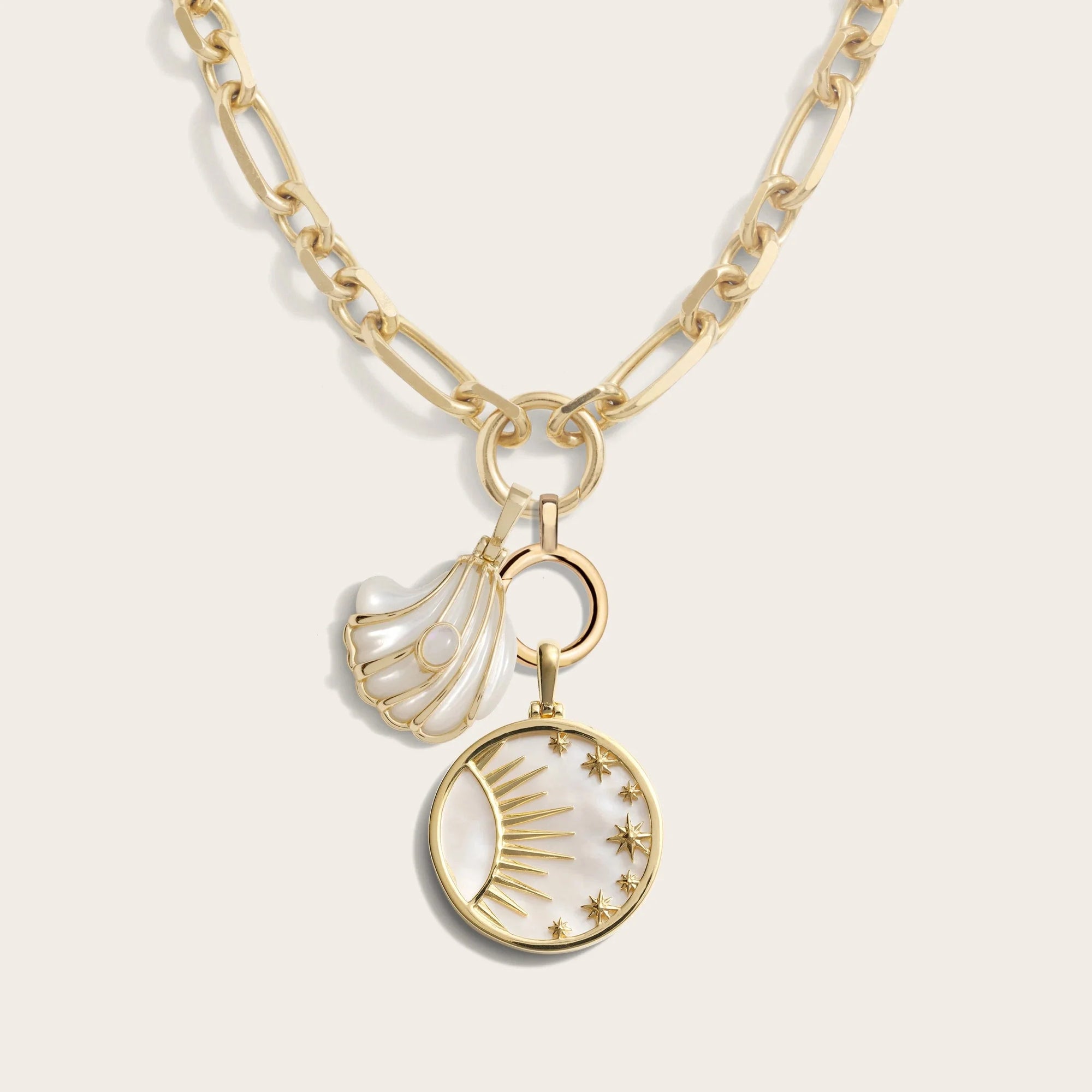 Opal Mother of Pearl Carved Shell Amulet + Celestial Mother of Pearl Amulet | 14K Yellow Gold Vermeil