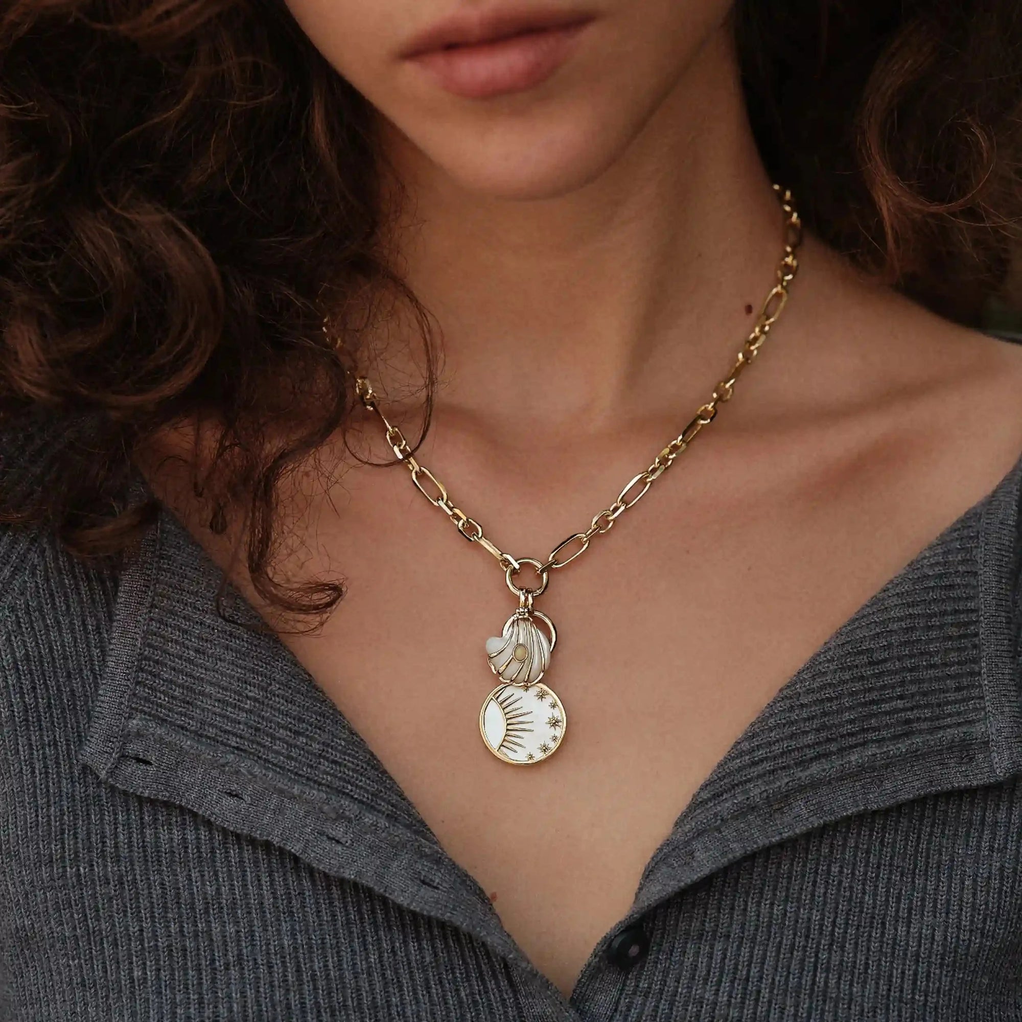 Opal Mother of Pearl Carved Shell Amulet + Celestial Mother of Pearl Amulet | 14K Yellow Gold Vermeil