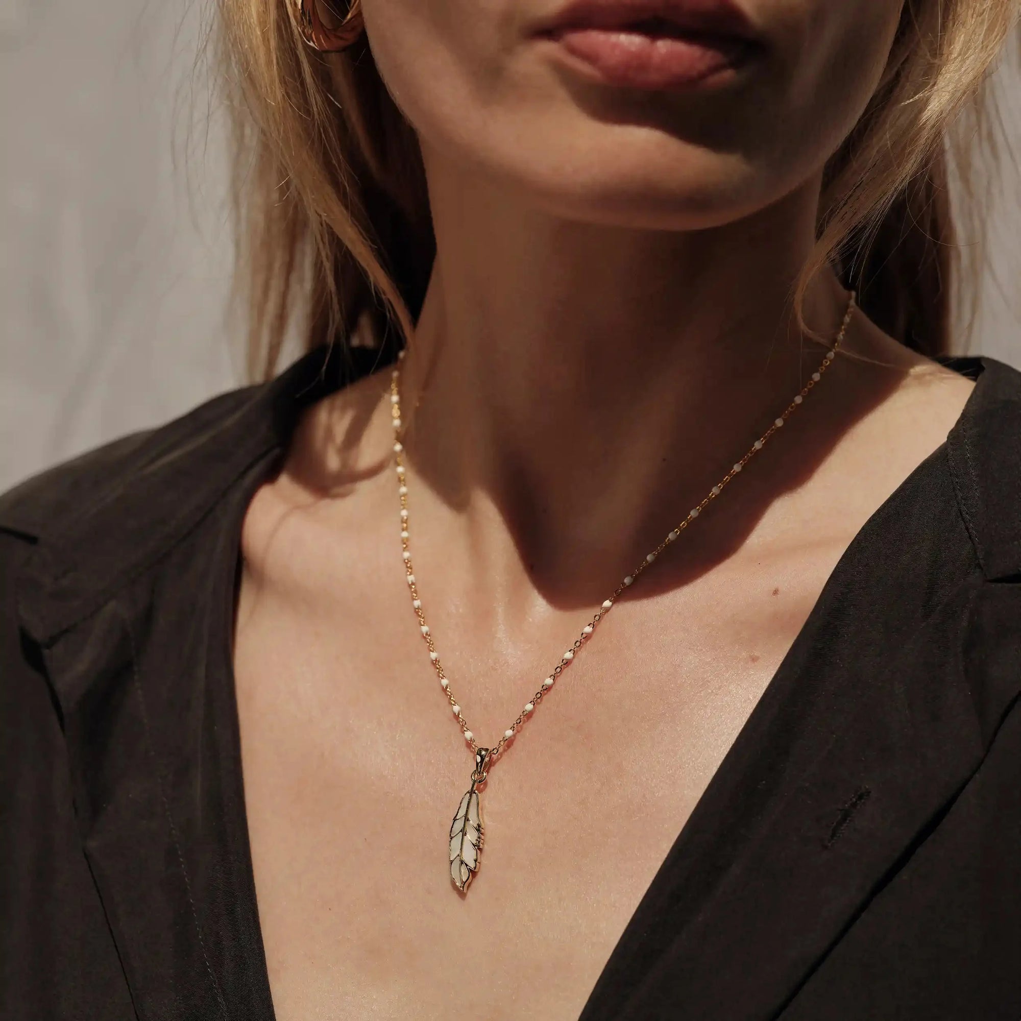 Mother of Pearl Feather White Enamel Necklace | Sterling Silver