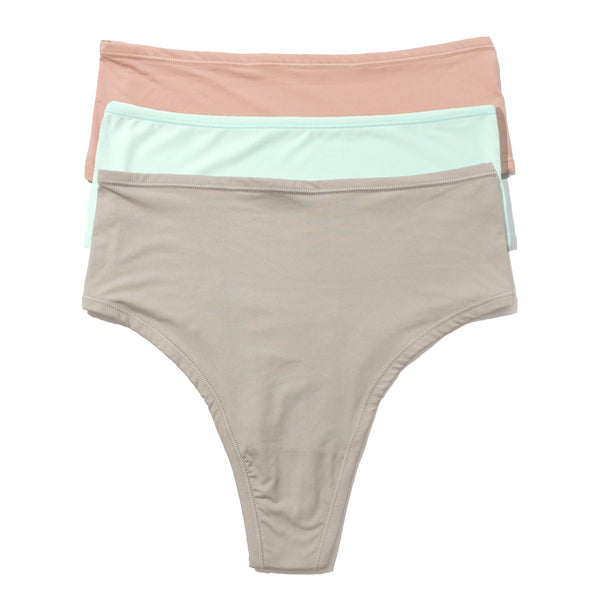 3-Pack YourFit High Cut Thong | Almond Milk | Crystal Clear | Sleep In (Grey)