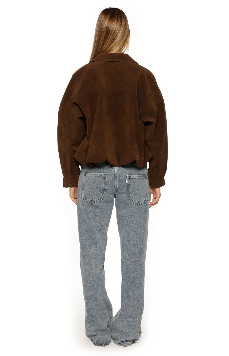 Brookie Suedette Cuff Sleeve Bomber Jacket | Brown