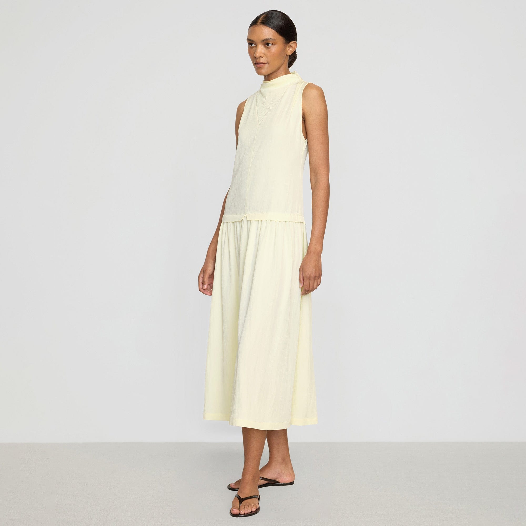 Chinon Drop-Waist Gathered-Neck Dress | Buttercream
