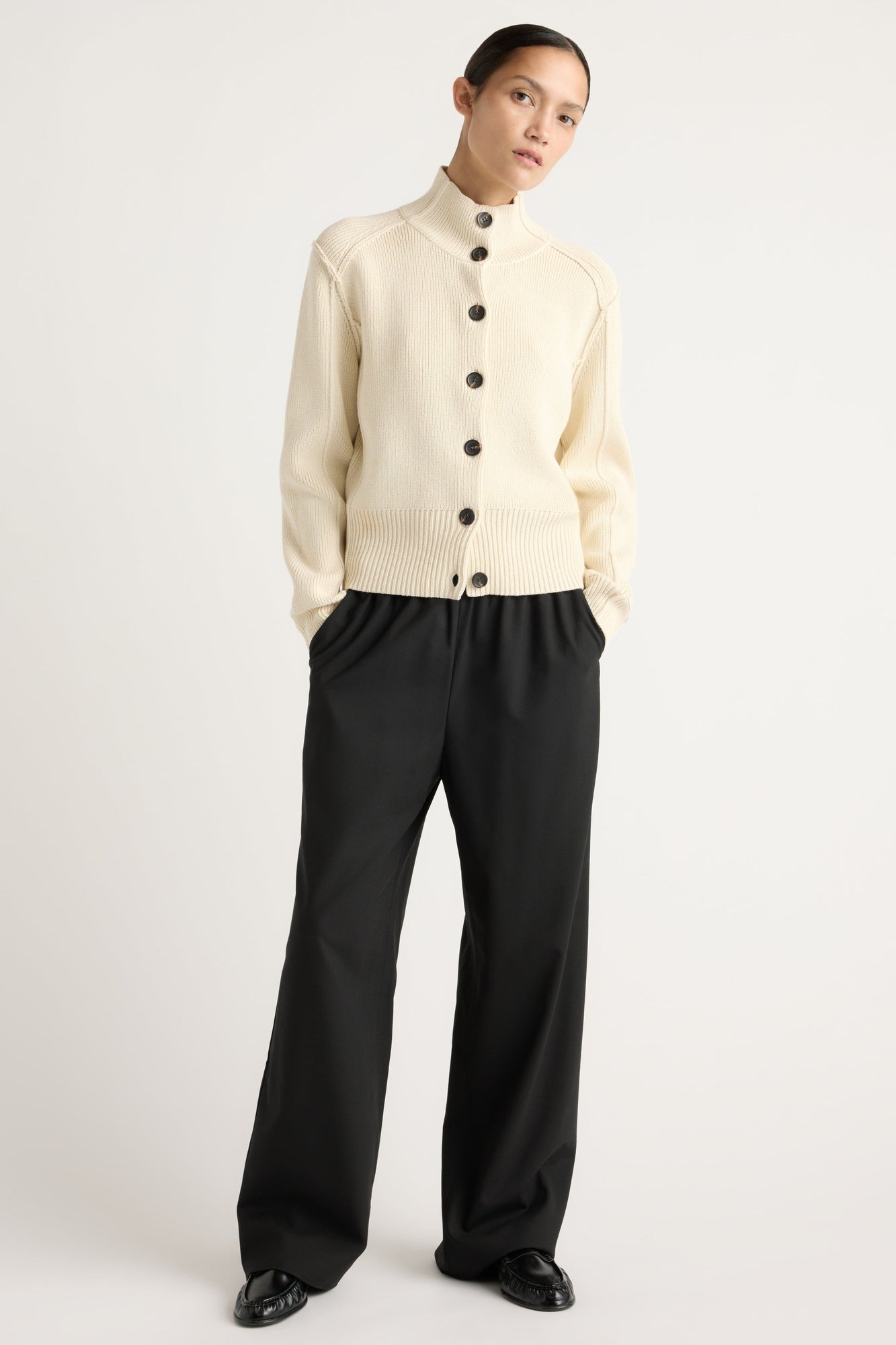 Charlotte | Clove Button Mock-Neck Knit Cardigan in Size Small