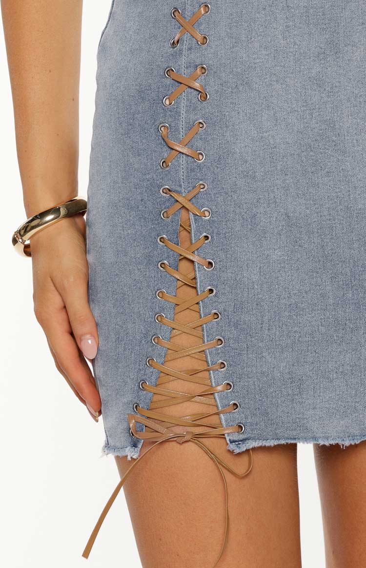 Danica Denim Lace Up Strapless Mini Dress | Light Wash