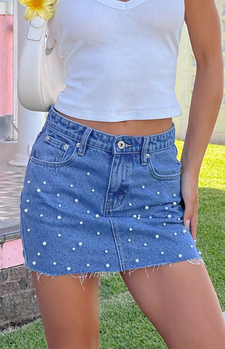 Denim Dazzle Pearl Mini Skirt | Mid Wash