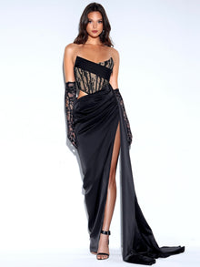 Callie Lace Satin Corset High Slit Gown | Black