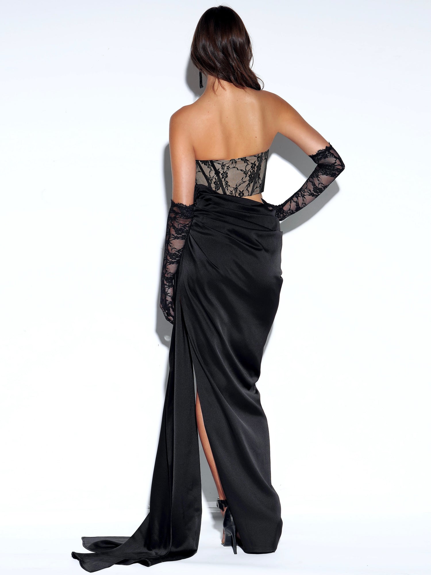 Callie Lace Satin Corset High Slit Gown | Black