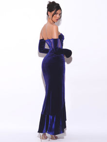 Taylee Long Sleeve Off Shoulder Corset Velvet Gown | Navy