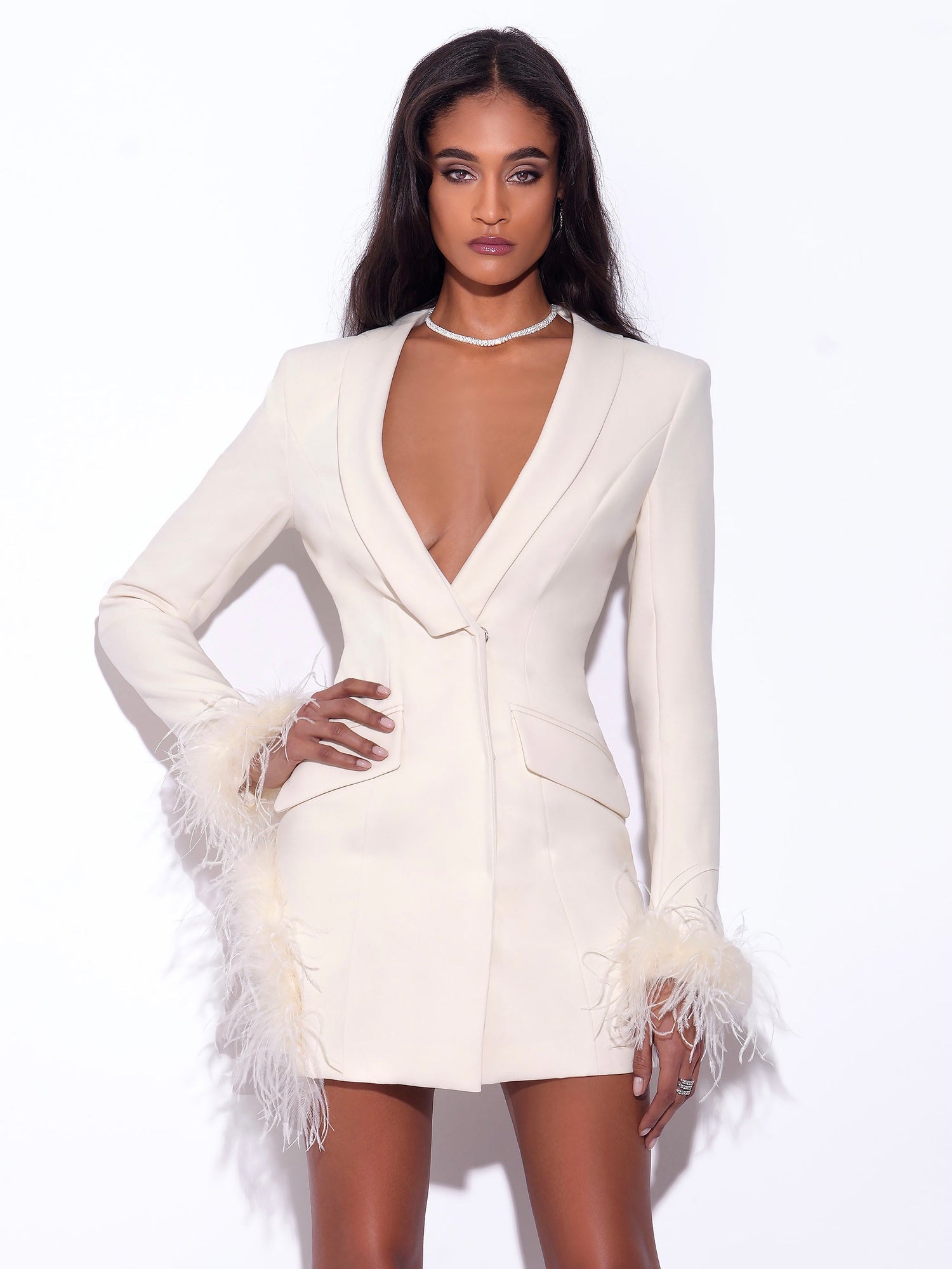 Madeline Pearl Feather Trim Blazer Dress | White