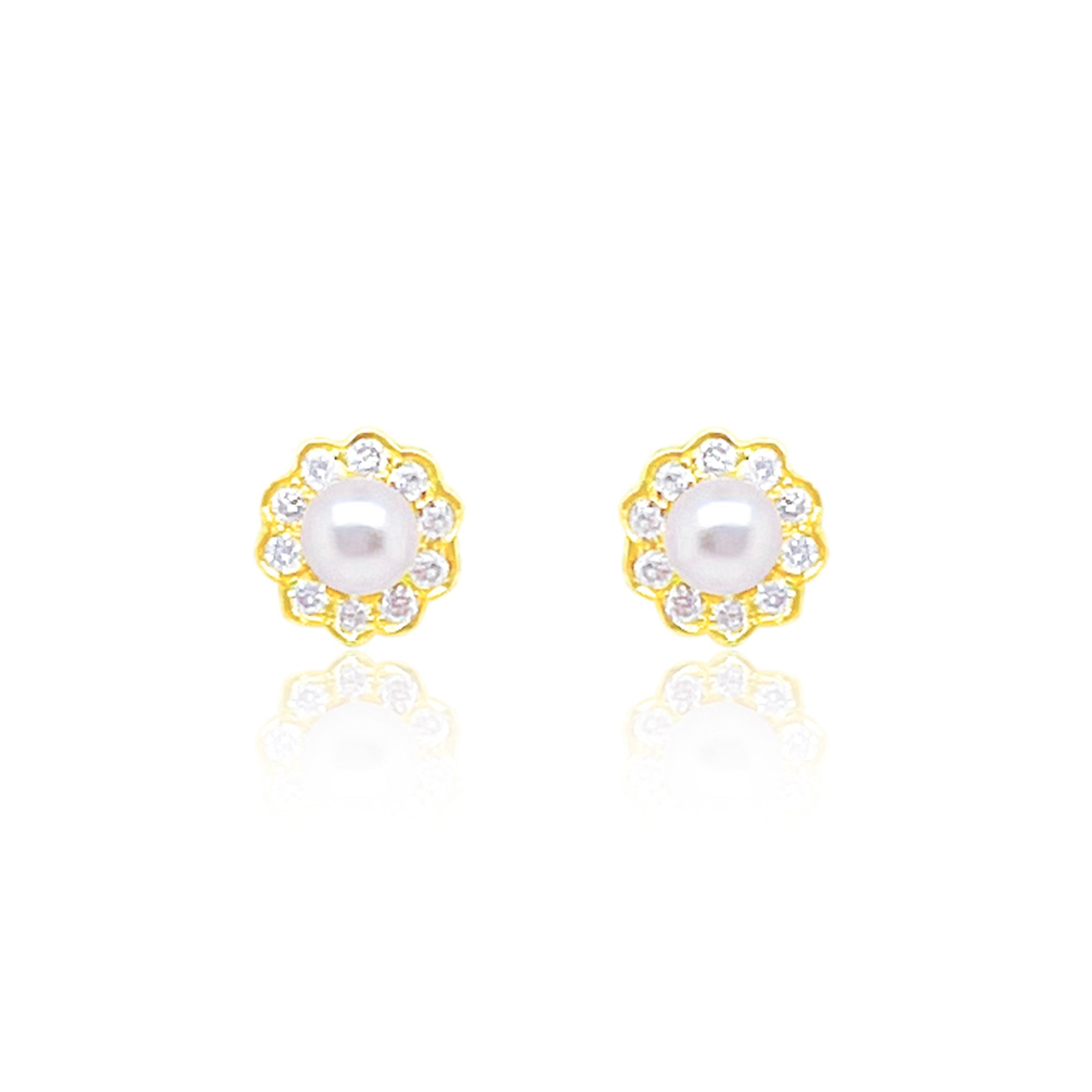 Yellow Gold Pearl Diamond Flower Studs | Yellow Gold