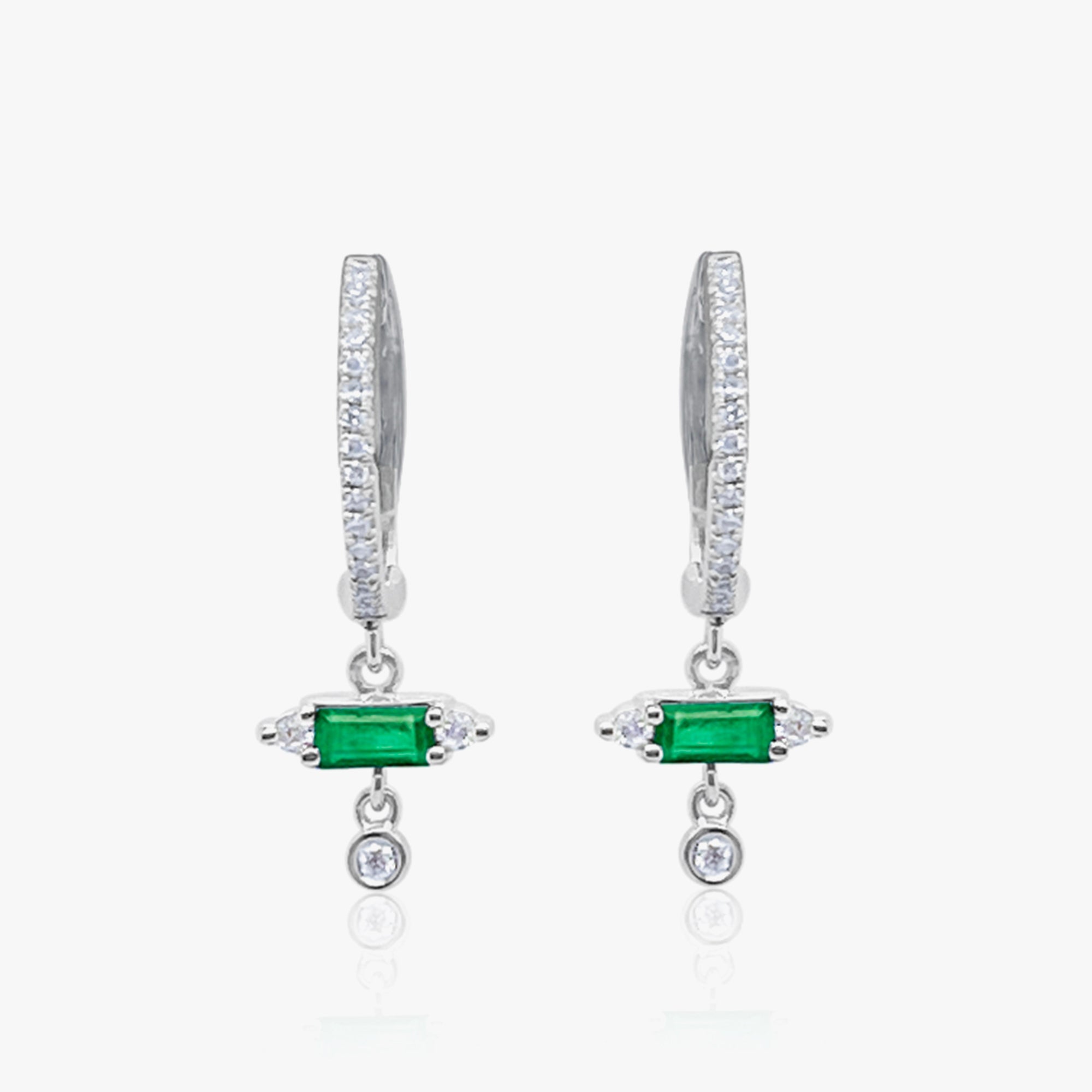 White Gold Emerald Diamond Dangle Huggies | White Gold