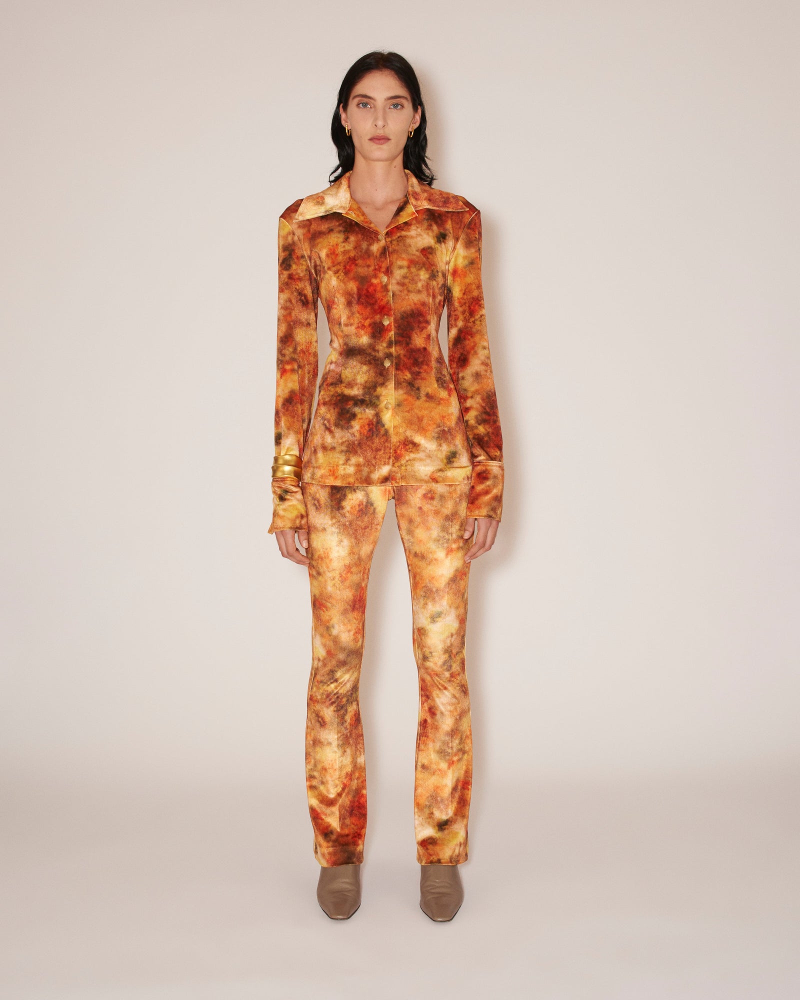 Womens | Annick Printed Stretch-Velvet Shirt | Hazy Floral Orange