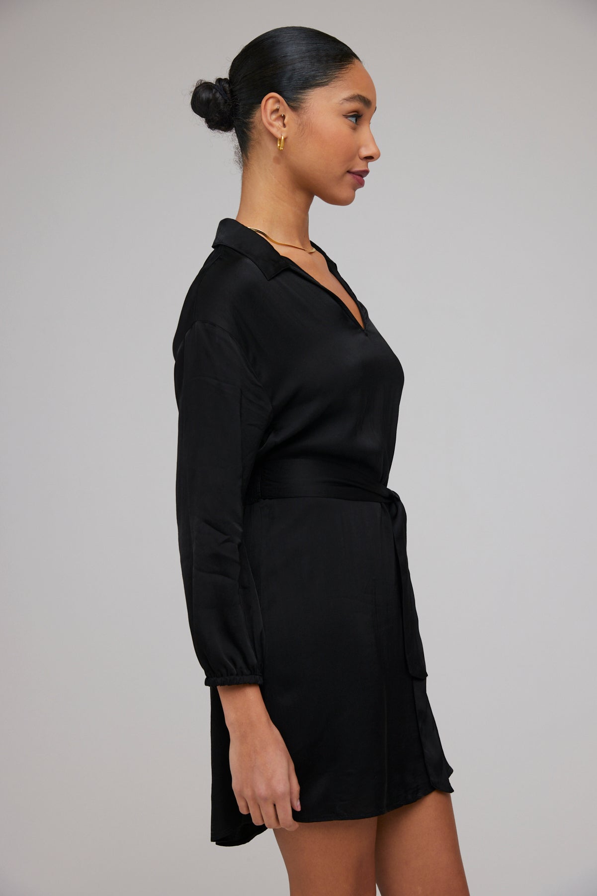 Elastic Waist Tunic Dress - Black