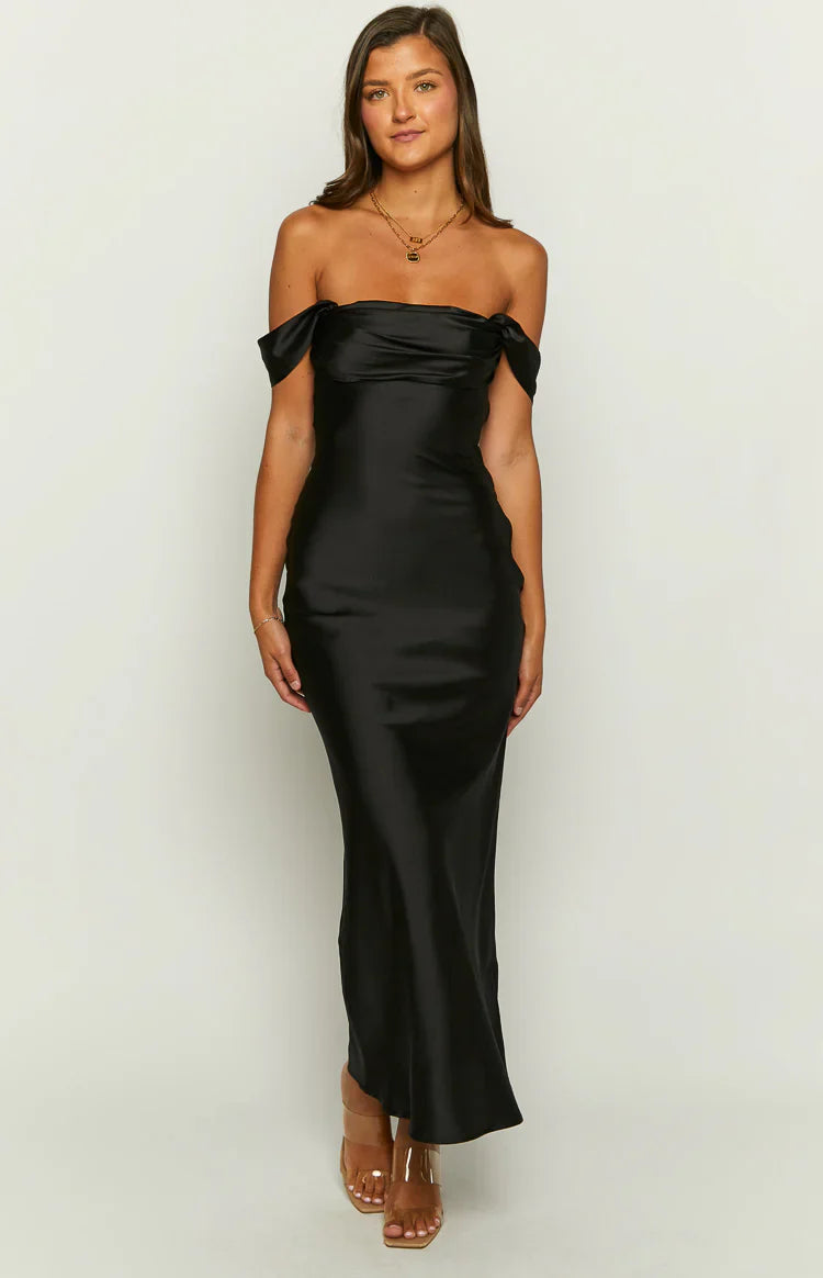 Ella Off Shoulder Formal Maxi Dress | Black