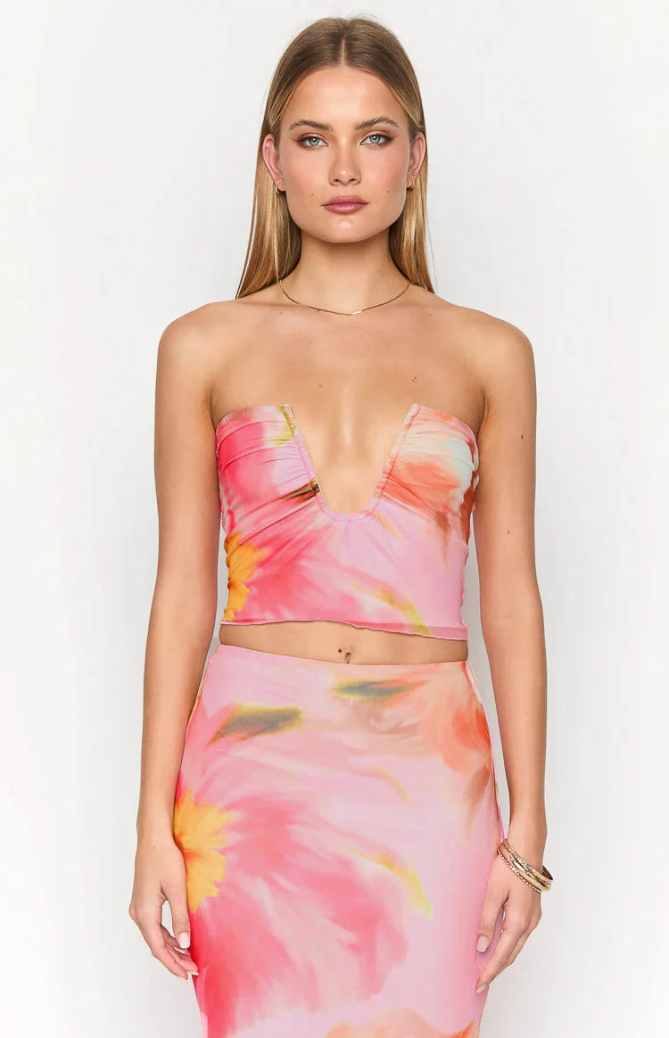 Esha Floral Strapless Crop Top | Pink