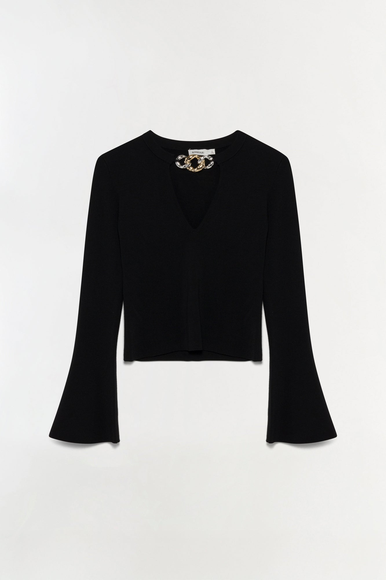 Black wool top with V-neckline, flared long sleeves, and gold chain detail at neckline.