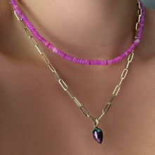 Fuchsia opal necklace with chunky paperclip chain necklace and Ruby Zoisite Drop Charm on the neck.