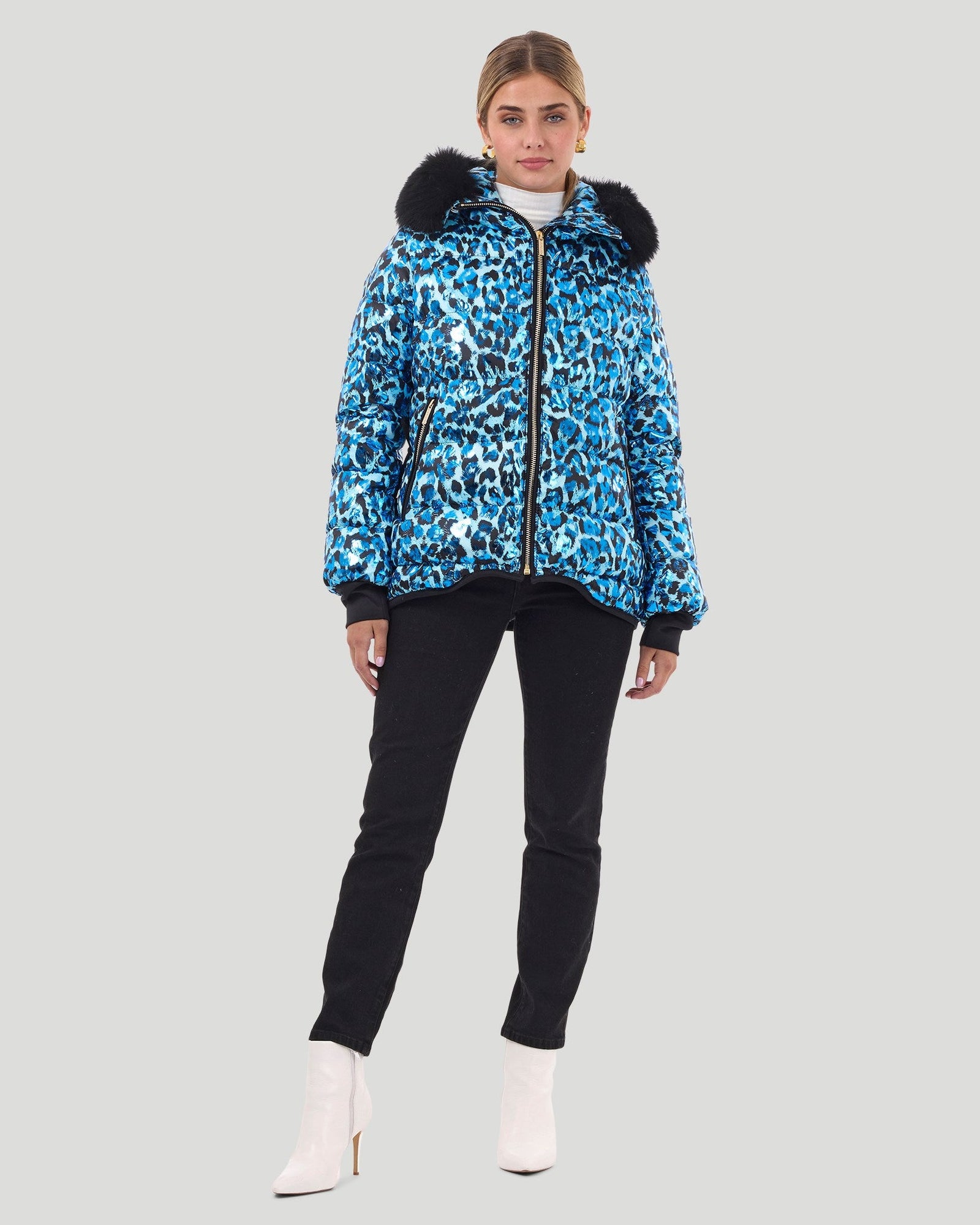 Après-Ski Jacket With Detachable Fo Hood Trim | Women | Sky Leopard x Black