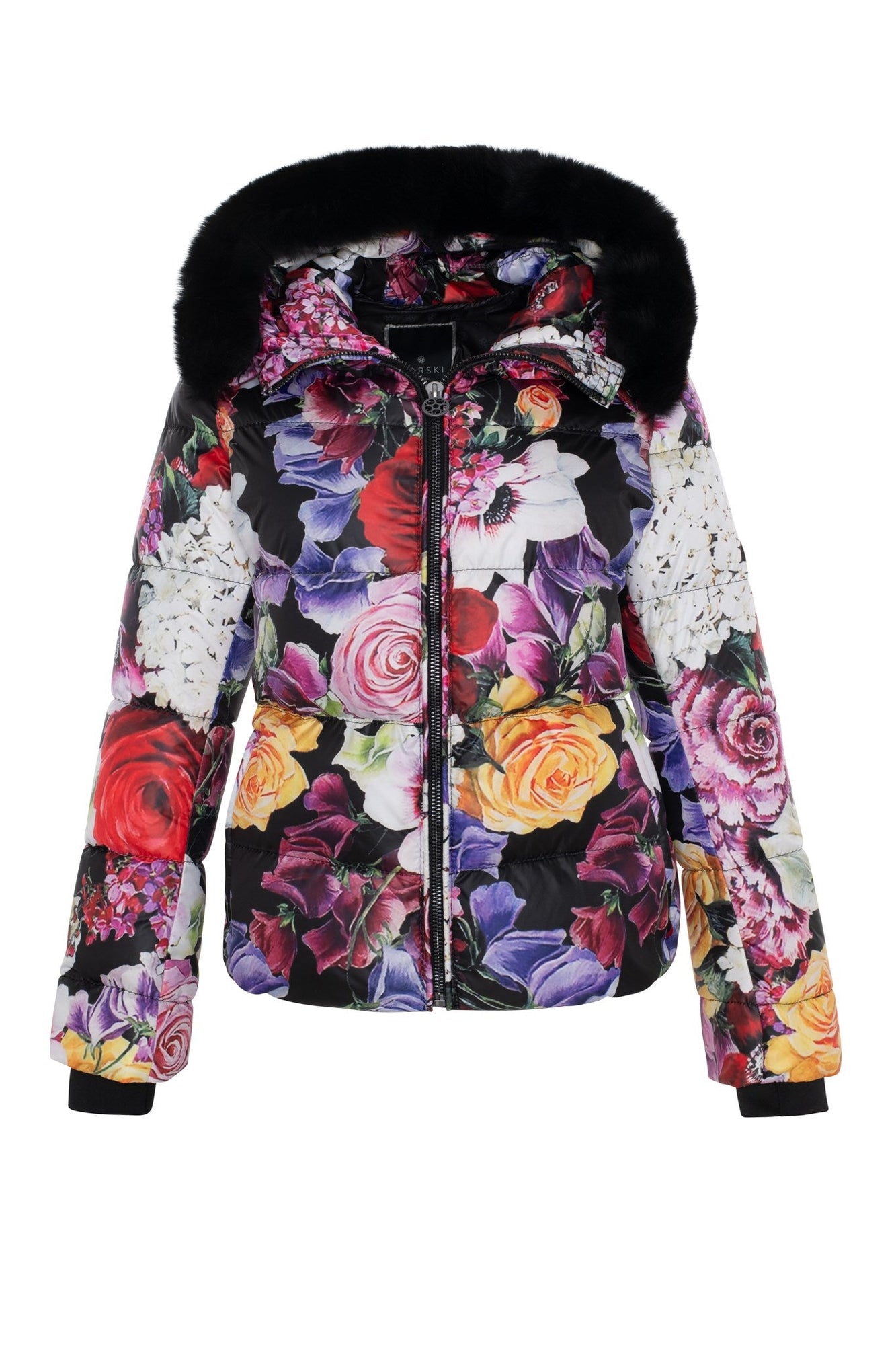 Après-Ski Jacket With Detachable Toscana Shearling Lamb Hood Trim | Women | Black Floral x Black