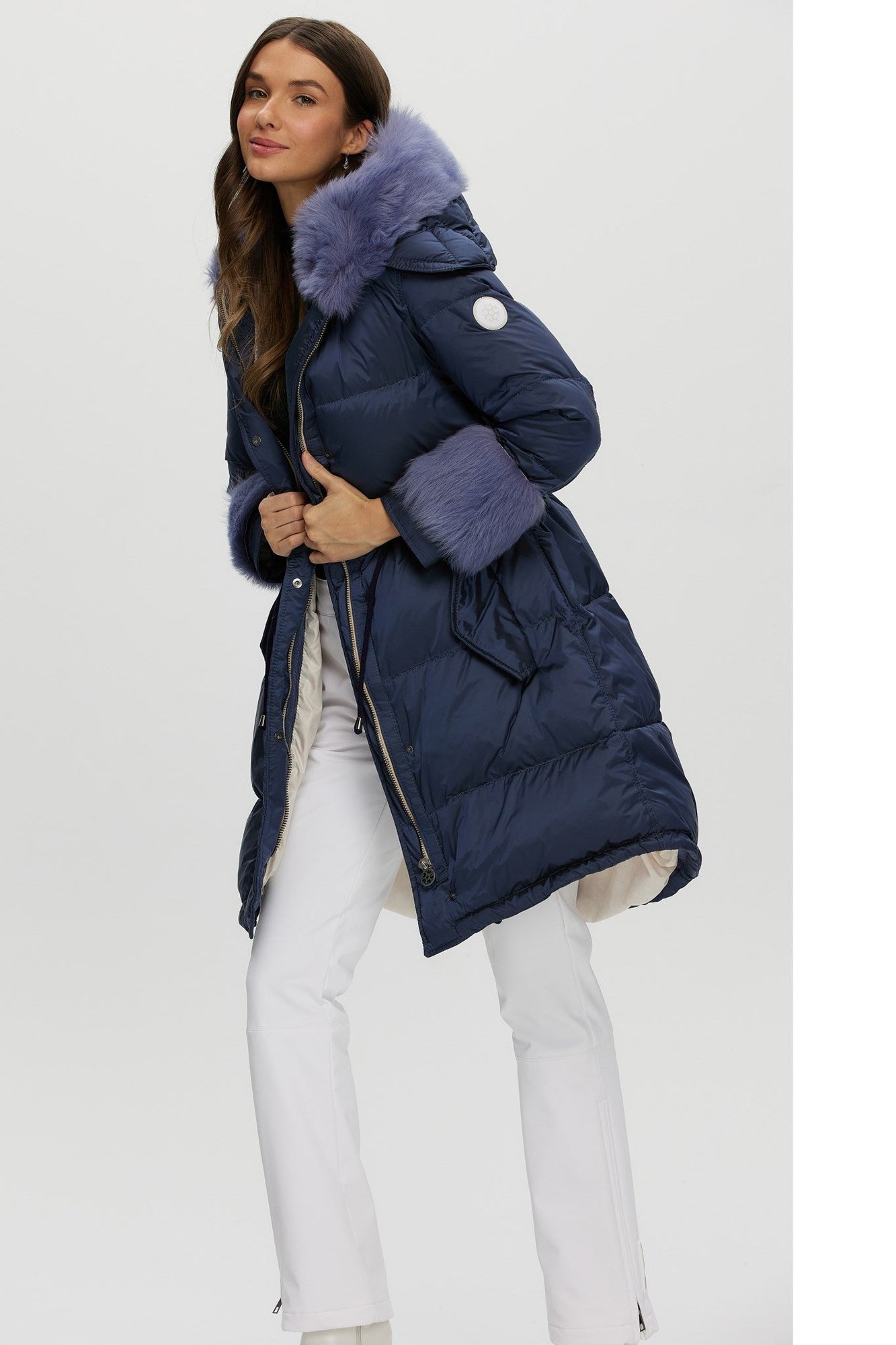 Après-Ski Jacket With Detachable Toscana Shearling Lamb Hood Trim & Toscana Shearling Lamb Cuffs | Women | Ocean Blue x Black