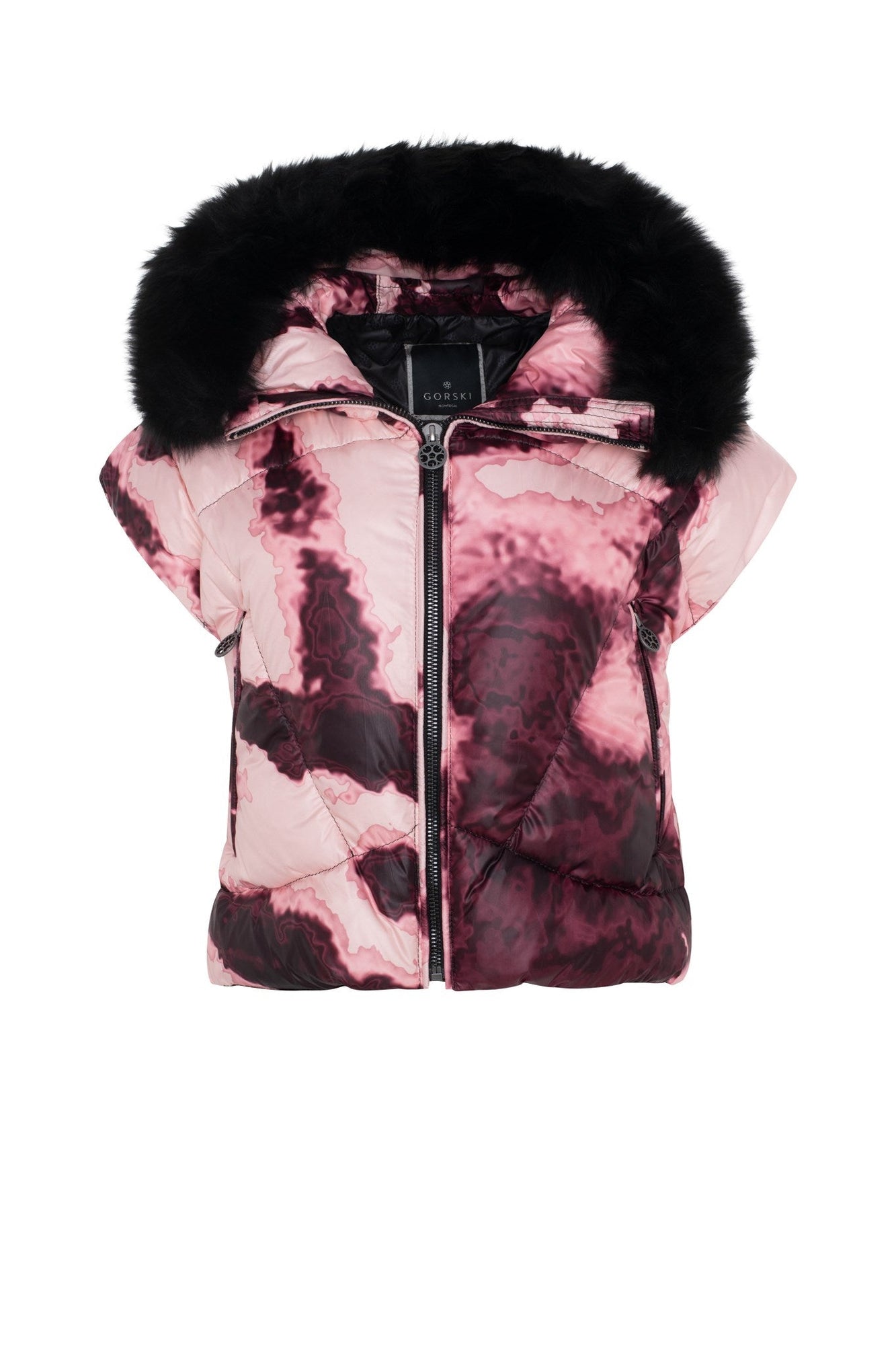 Après-Ski Vest With Detachable Toscana Shearling Lamb Hood Trim | Women | Burgundy Abstract x Black (V2)