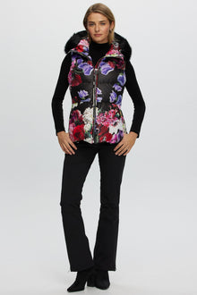 Après-Ski Vest With Detachable Toscana Shearling Lamb Hood Trim | Women | Black Floral x Black (V1)