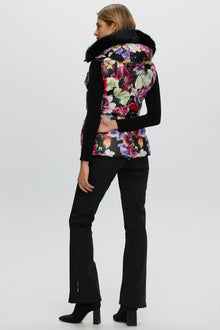 Après-Ski Vest With Detachable Toscana Shearling Lamb Hood Trim | Women | Black Floral x Black (V1)