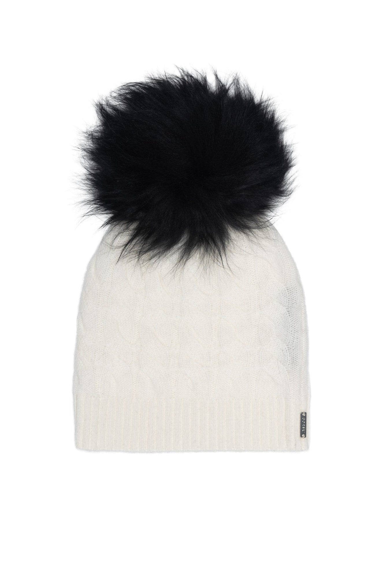 Cashmere Cable Knit Hat With Select Lamb Pompom | Women | Ivory x Black