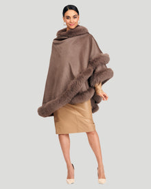 Cashmere Cape With Fox Trim | Women | Khaki Taupe