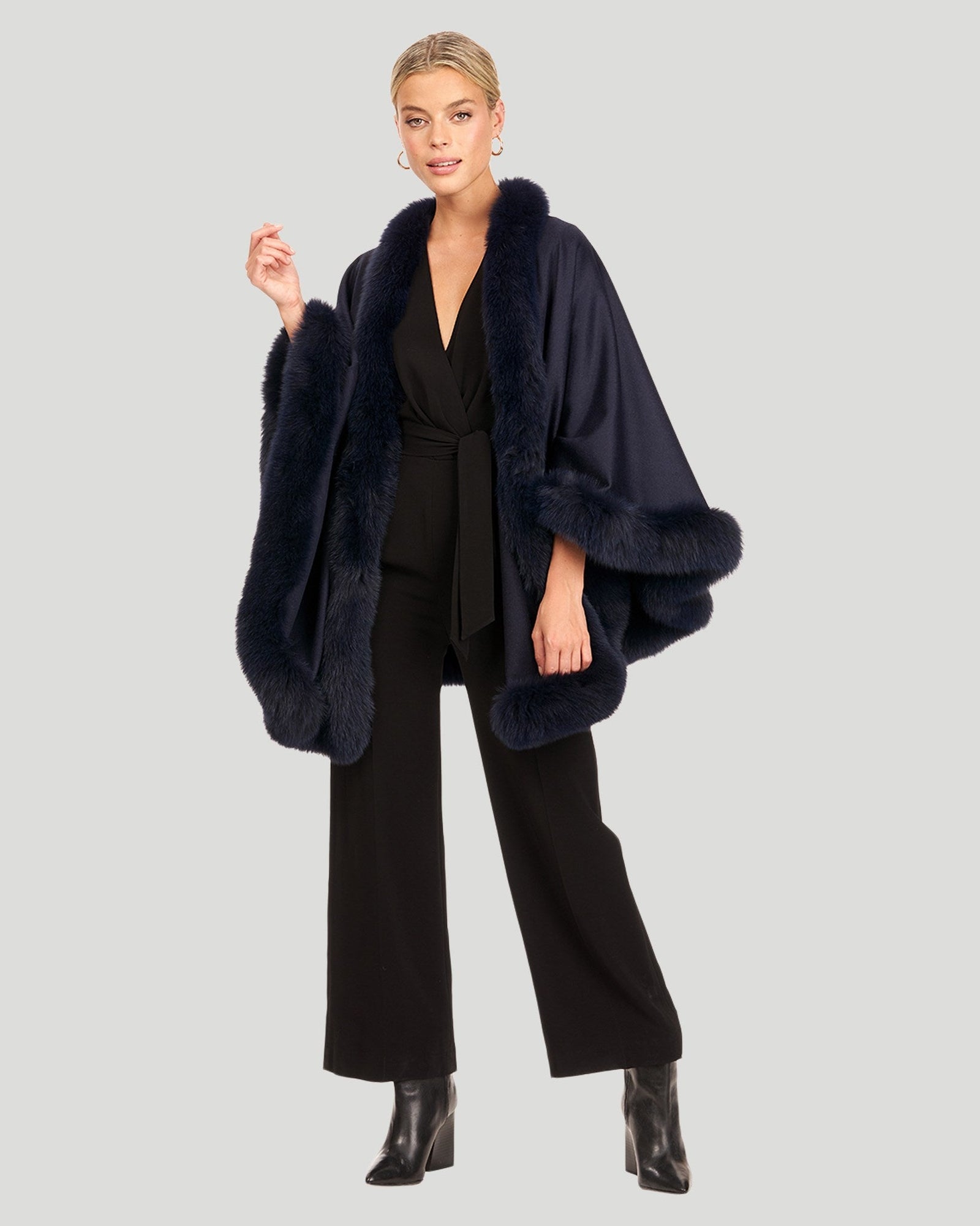 Cashmere & Wool Cape With Toscana Shearling Lamb Trim | Women | Navy