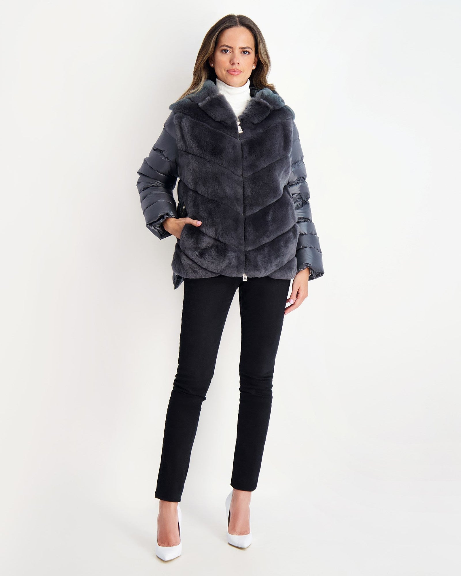 Chevron Rex Rabbit Zip Jacket With Quilted Detailing | Women | Gray