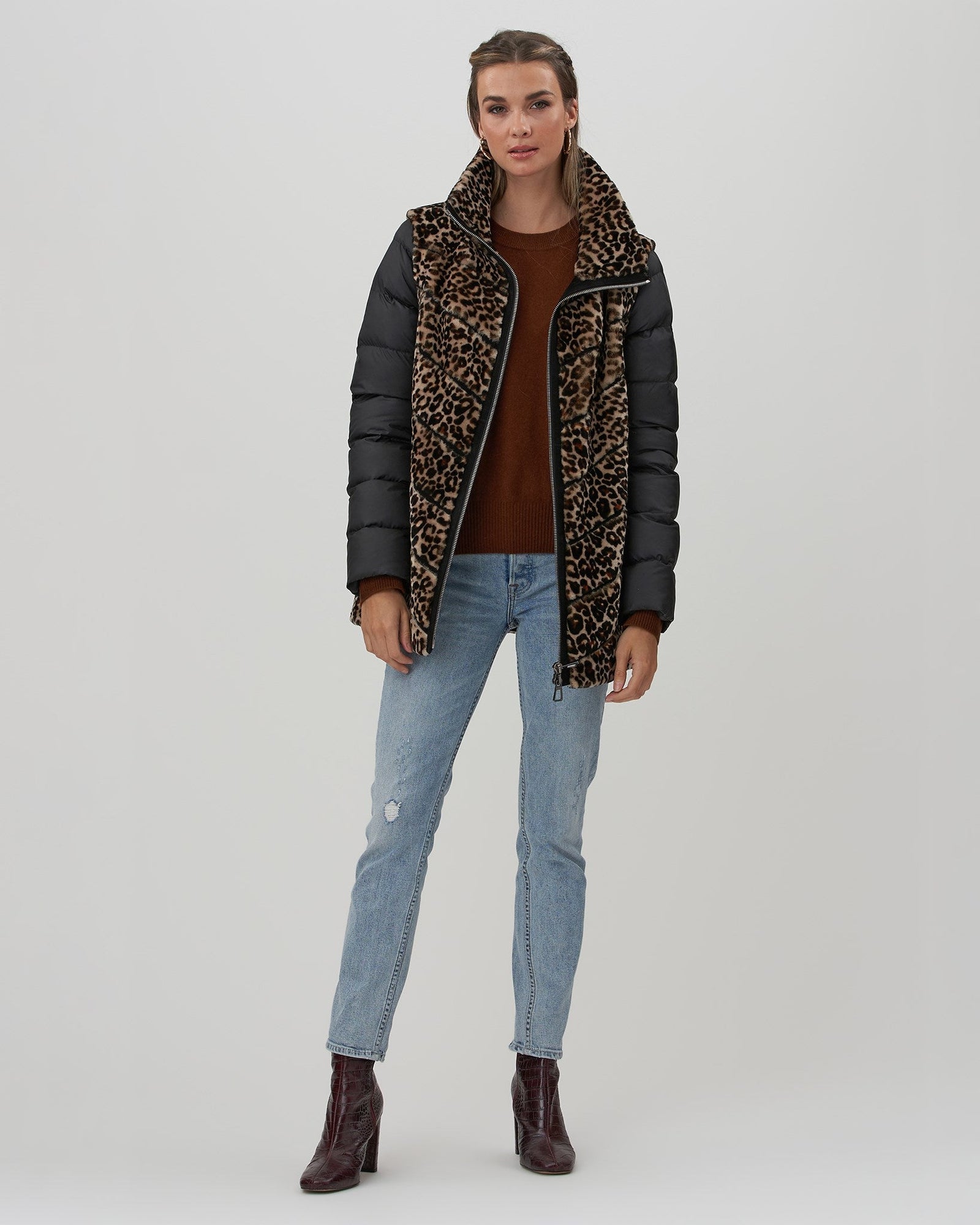 Chevron Shearling Lamb Jacket With Detachable Quilted Sleeves | Women | Mini Leopard