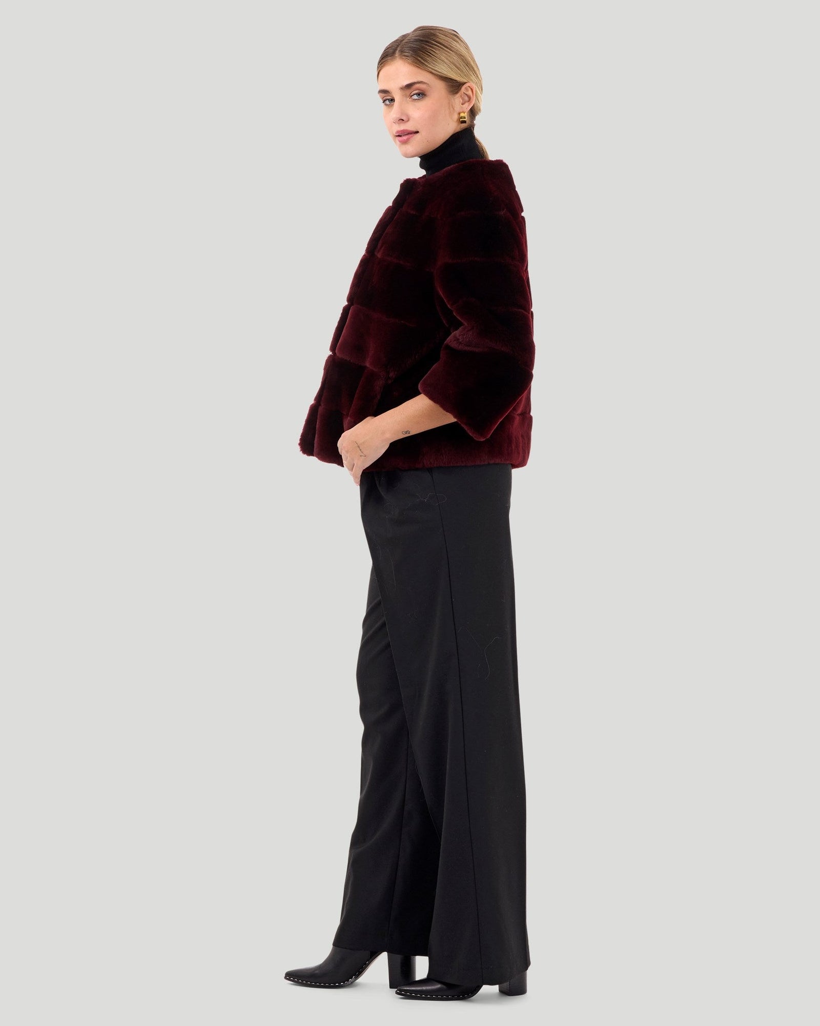 Collarless Select Shearling Lamb Jacket With 3/4 Sleeves | Women | Burgundy