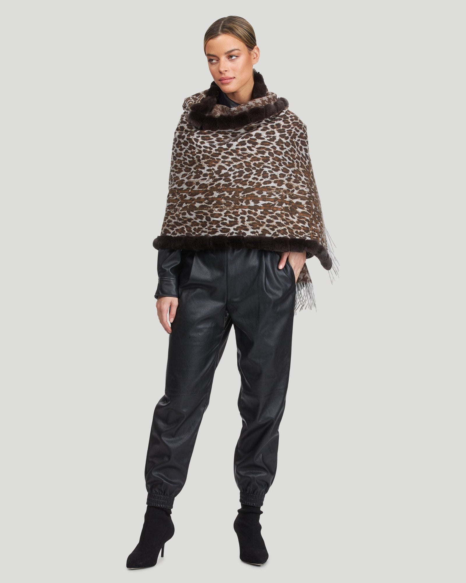 Double Face Cashmere Stole With Re Rabbit Fur Trim | Women | Brown Animal Print x Houndstooth