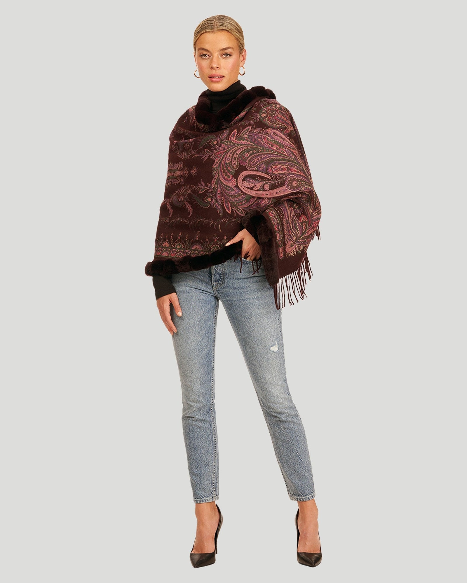 Double Face Cashmere Stole With Rex Rabbit Trim | Women | Wine Paisley