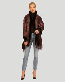 Double Face Cashmere Stole With Rex Rabbit Trim | Women | Wine Paisley