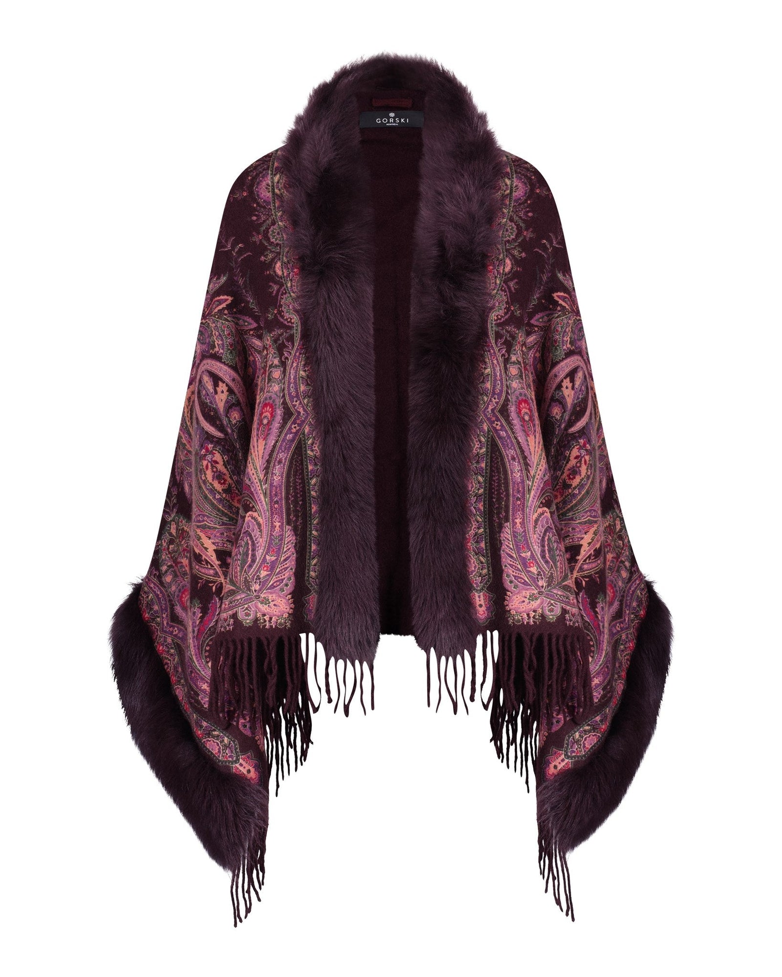 Double Face Select Cashmere Stole With Toscana Shearling Lamb Trim | Women | Wine Paisley