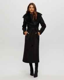 Fabric Coat With Toscana Shearling Lamb Collar, Belt | Women | Black