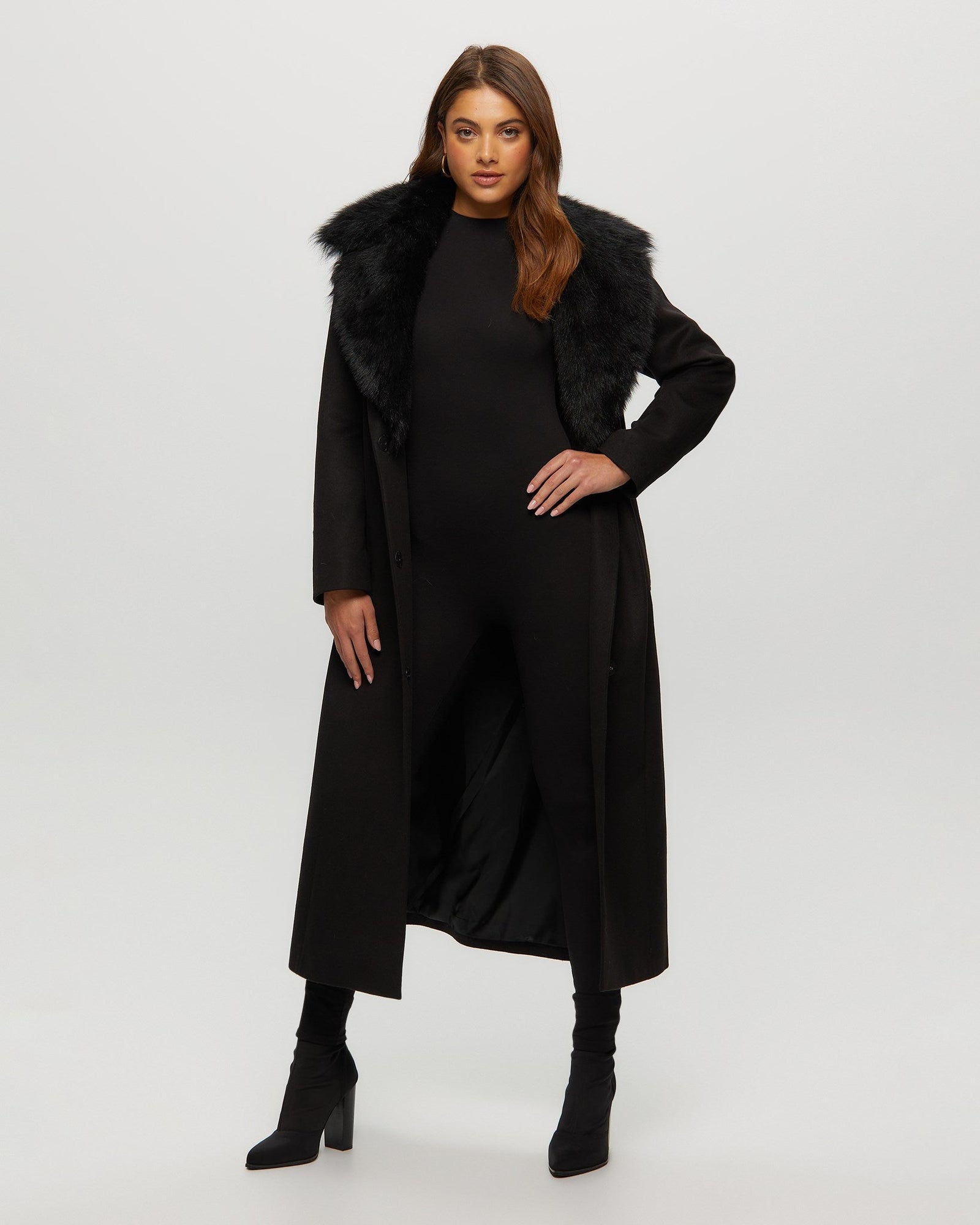 Fabric Coat With Toscana Shearling Lamb Collar, Belt | Women | Black