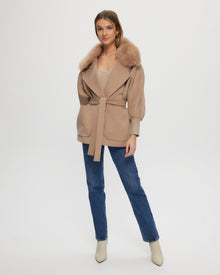 Fabric Jacket With Detachable Select Shearling Lamb Collar And Belt | Women | Camel