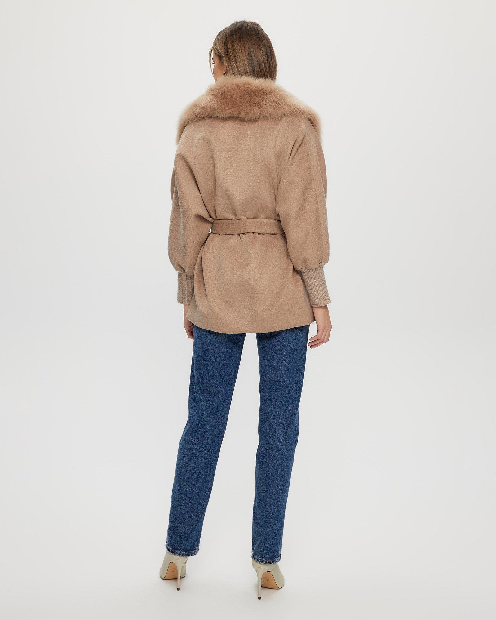 Fabric Jacket With Detachable Select Shearling Lamb Collar And Belt | Women | Camel