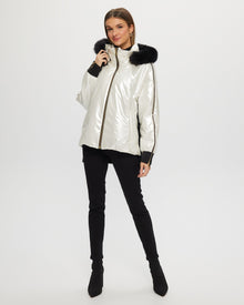 Fabric Jacket With Detachable Shearling Lamb Hood Trim | Women | Platinum x Black