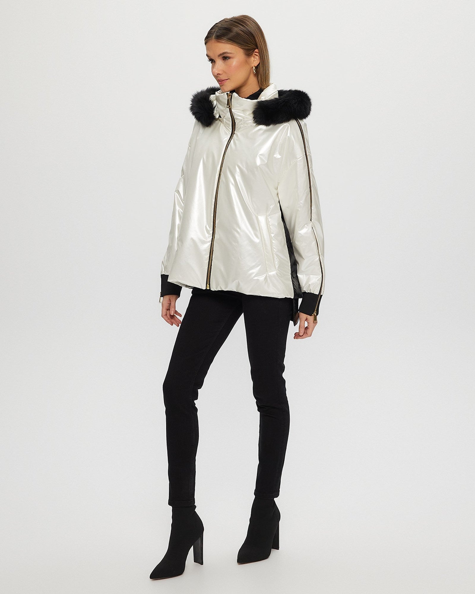 Fabric Jacket With Detachable Shearling Lamb Hood Trim | Women | Platinum x Black