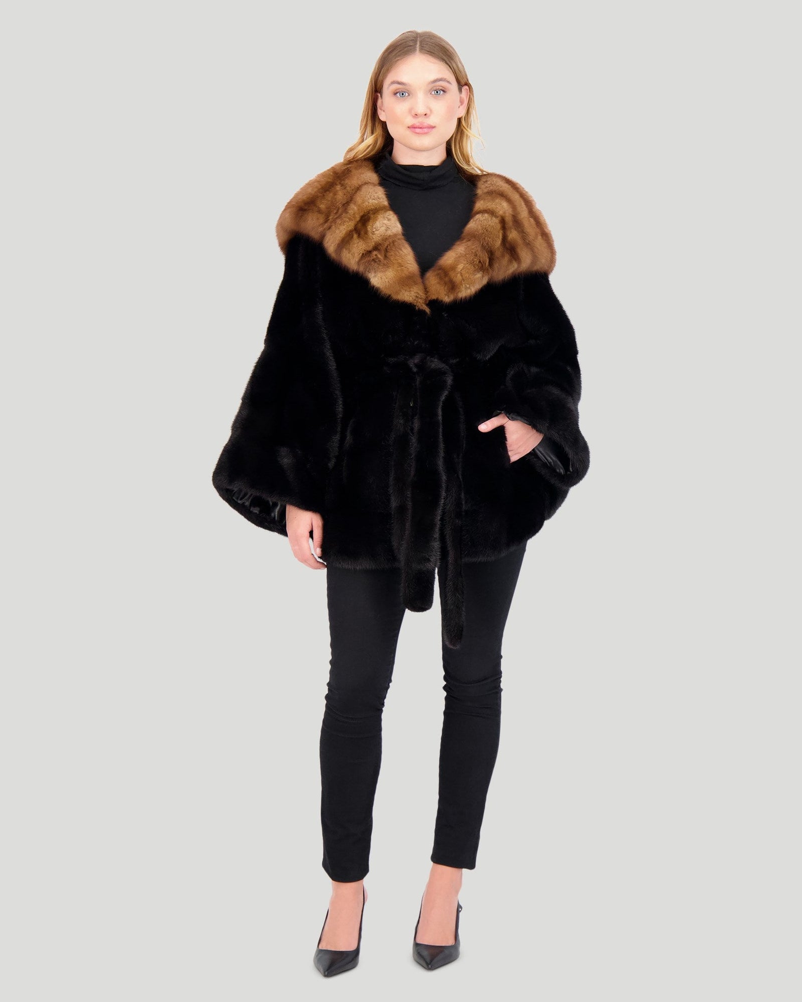 Horizontal Mink Cape With Sable Hood, Mink Belt | Women | Black x Brown