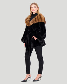 Horizontal Mink Cape With Sable Hood, Mink Belt | Women | Black x Brown