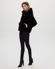 Horizontal Select Shearling Lamb Zip Jacket With Hood | Women | Black (V1)