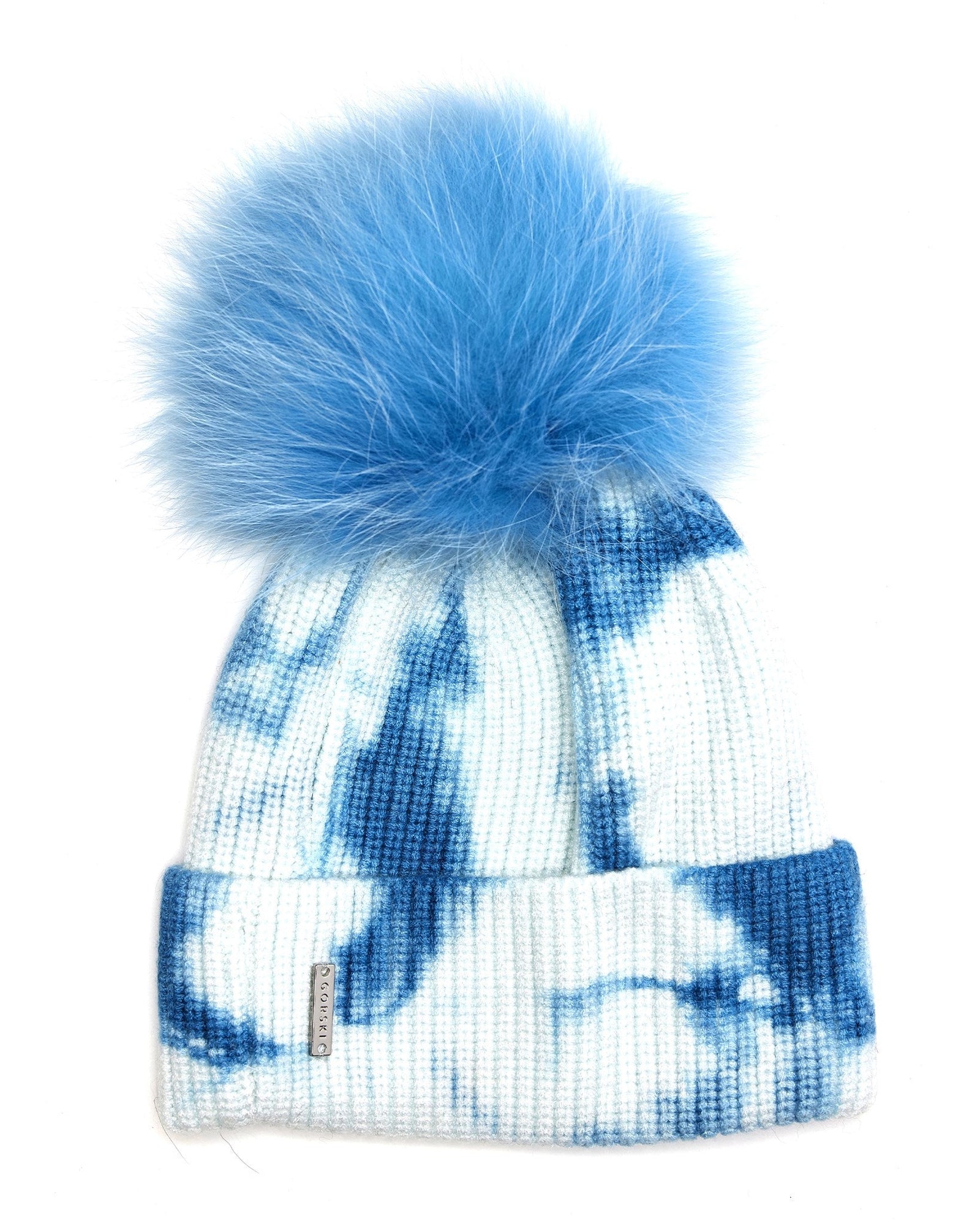 Knit Hat With Toscana Shearling Lamb Pompom | Women | Blue Tie Dye x Blue