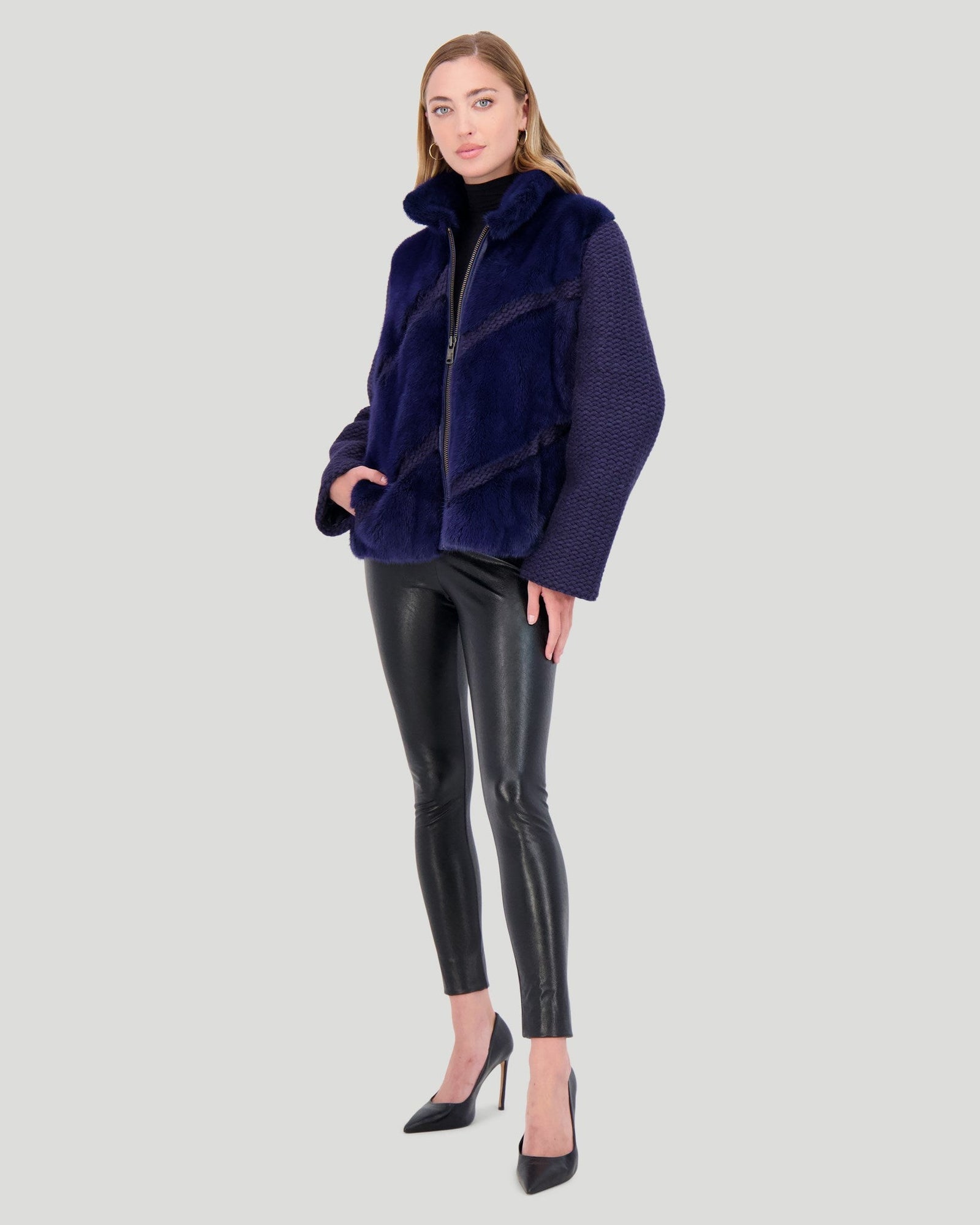 Knit Wool Jacket With Mink Front | Women | Admiral Blue (V2)